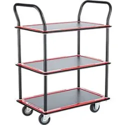 Schäfer Shop Select Etagenwagen 130L, 3 Etagen, Stahl pulverbeschichtet, PUR-Räder, B 485 x T 710/775 x H 1000 mm, bis 220 kg, schwarz/rot
