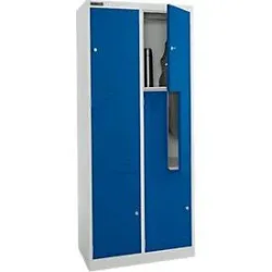 Schäfer Shop Select Kleiderspind, 4 Abteile mit Hutboden & Kleiderstange sowie 4 Fächer, Z-Türen, Zylinderschloss, mit Sockel, B 800 x T 450 x H 1850 mm, Stahl pulverbeschichtet, lichtgrau/enzianblau