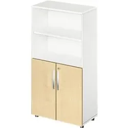 Schäfer Shop Select Kombischrank LOGIN, oben 2 Regale, unten 2 Ordnerhöhen mit Türen, B 800 x T 420 x H 1470 mm, weiss/Ahorn Dekor