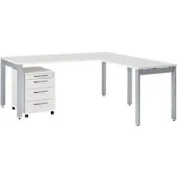 Schäfer Shop Select Komplettset LOGIN, 4-Fuss Schreibtisch 1800 mm, 4-Fuss Anbautisch, Rollcontainer, lichtgrau