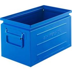 Schäfer Shop Select Stapelbox, Volumen 13,4 l, 80 kg, Faltgriffe, L 379 x B 207 x H 200 mm, Stahlblech, blau RAL 5015