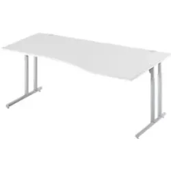 Schäfer Shop Select Schreibtisch COMBITEC, Freiform, Ansatz rechts, C-Fuss, B 1800 x T 1000/800 x H 677-817 mm, lichtgrau/weissaluminium