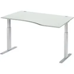 Schäfer Shop Select Schreibtisch ERGO-T, elektrisch höhenverstellbar, Freiform, Ansatz rechts, T-Fuss, B 1800 x H 725-1185 mm, lichtgrau/weissalu