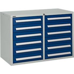 Schäfer Shop Select Schubladenschrank SF 120, 12 Schübe mit Etikettenschildern, abschliessbar, B 1055 x T 500 x H 723 mm, lichtgrau RAL 7035/enzianblau RAL 5010
