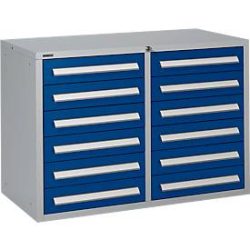 Schäfer Shop Select Schubladenschrank SF 120, 12 Schübe mit Etikettenschildern, abschliessbar, B 1055 x T 500 x H 723 mm, weissaluminium RAL 9006/enzianblau RAL 5010
