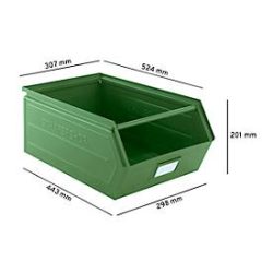 Schäfer Shop Select Sichtlagerkasten, mit Tragestab, L 524 x B 307 x H 201 mm, 26 l, 120 kg, Stahl, RAL 6011 (resadagrün)