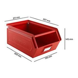 Schäfer Shop Select Sichtlagerkasten mit Tragestab, Stahl,  L 358 x B 211 x H 145 mm, 8,5 l, 60 kg, RAL 3000 (feuerrot)