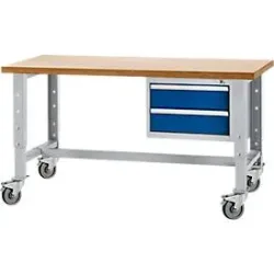 Schäfer Shop Select Werkbank, mobil, höhenverstellbar, Unterbau, 2 Schübe & Zentralverschluss, bis 200 kg, B 1500 mm, w.alu. RAL 9006/enz.blau RAL 5010