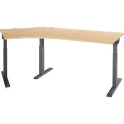 Schäfer Shop Select Winkelschreibtisch ERGO-T 2.0, 135° Winkel, Ansatz links, T-Fuss, B 2165 x T 800 x H 675-895 mm, Ahorn/anthrazit