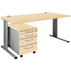 Schäfer Shop Pure 2-tlg. Büromöbel-Set PLANOVA BASIC, Schreibtisch, B 1600 mm, Ahorn/weissalu, mit Kabelkanal + Rollcontainer 1233