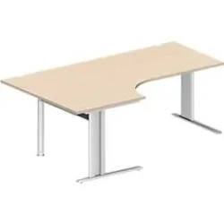 Schäfer Shop Pure Winkelschreibtisch PLANOVA BASIC, 90° Winkel links, C-Fuss, B 2000 x T 1200/800 x H 717 mm, Ahorn/weiss + Kabelkanal