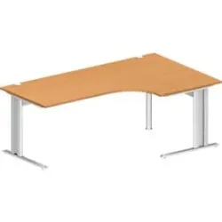 Schäfer Shop Pure Winkelschreibtisch PLANOVA BASIC, 90° Winkel rechts, C-Fuss, B 2000 x T 1200/800 x H 717 mm, Buche/weiss + Kabelkanal