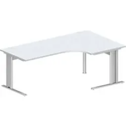 Schäfer Shop Pure Winkelschreibtisch PLANOVA BASIC, 90° Winkel rechts, C-Fuss, B 2000 x T 1200/800 x H 717 mm, lichtgrau/weissalu + Kabelkanal
