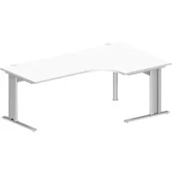 Schäfer Shop Pure Winkelschreibtisch PLANOVA BASIC, 90° Winkel rechts, C-Fuss, B 2000 x T 1200/800 x H 717 mm, weiss/weissalu + Kabelkanal
