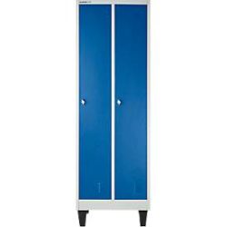 Schäfer Shop Pure Kleiderspind, 2 Abteile mit Hutboden/Kleiderstange/Kleiderhaken, Füsse, Drehriegelverschluss, B 600 x T 500 x H 1850 mm, Stahlblech, lichtgrau/enz.blau