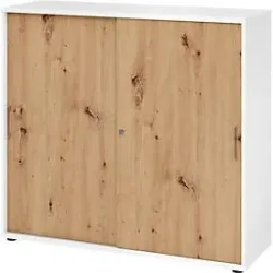 Schiebetürschrank Breno, abschliessbar, Spanplatte, melaminharzbeschichtet, B 1200 x T 400 x H 1100 mm, 3 Ordnerhöhen, weiss/Asteiche