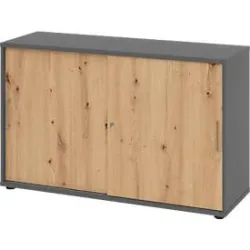 Schiebetürschrank Breno, abschliessbar, Spanplatte, melaminharzbeschichtet, B 1200 x T 400 x H 748 mm, 2 Ordnerhöhen, Graphit/Asteiche