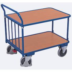 Schiebebügelwagen, Stahl/MDF-Platte, Enzianblau/Buche-Dekor, 2 Etagen, L 1180 x B 695 mm, mit senkrechten Rohren, TPE-Rollen mit EasySTOP, bis 400 kg