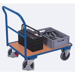 Schiebebügelwagen, Stahl/MDF-Platte, Enzianblau/Buche-Dekor, L 850 x B 500 mm, mit Querstrebe, TPE-Rollen mit EasySTOP, bis 400 kg
