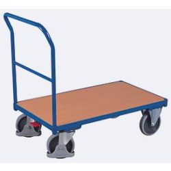 Schiebebügelwagen, Stahl/MDF-Platte, Enzianblau/Buche-Dekor, L 1230 x B 800 mm, mit Querstrebe, TPE-Rollen mit EasySTOP, bis 500 kg