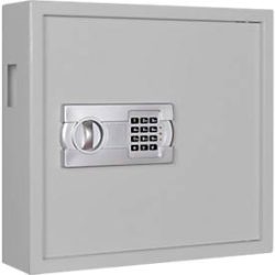 Schlüsselschrank SLE 80, für die Wandmontage, 80 Haken, mit Einwurfschlitz, Türanschlag rechts, Elektronikschloss mit Batterien, inkl. Verankerungsmaterial, B 460 x T 130 x H 430 mm, Stahlblech, lichtgrau RAL 7035