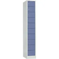 Schliessfachschrank, Stahlbl., Türanschl. rechts, Zylinderschloss, 10 Fächer, B 300 x H 1800 mm, l.grau RAL 7035/t.blau RAL 5014
