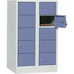 Schliessfachschrank, Stahlbl., Türanschl. rechts, Zylinderschloss, 10 Fächer, B 600 x H 965 mm, l.grau RAL 7035/t.blau RAL 5014