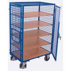 Schrankwagen, Stahl/MDF-Platte, Enzianblau/Buche-Dekor, 5 Etagen, 1245 x 785 mm, Dach und Doppelflügeltür, abschliessbar, EasySTOP, bis 500 kg