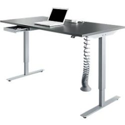 Schreibtisch, elektrisch höhenverstellbar, Rechteck, T-Fuss, B 1600 mm, graphit/weissalu + Schublade & Kabelspirale