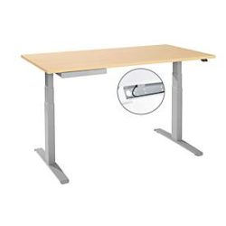 Schreibtisch, elektrisch höhenverstellbar, T-Fuss, B 1600 x T 800 x H 645-1290 mm, Ahorn/weissaluminium + Kabelkanal, Zubehörschublade