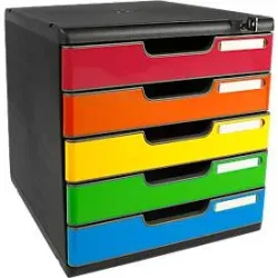 Schubladenbox MODULO, Format A4+, 5 abschliessbare Schübe, geschlossen, Griffmulde & Etikettenhalter, 2 Schlüssel, Blauer Engel, Kunststoff, harlekin