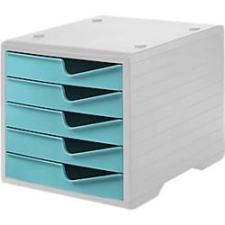 Schubladenbox styro® styroswing, 5 Schübe, Auszugsperre & Griffmulde, stapelbar, B 270 x T 340 x H 255 mm, Polystyrol, grau-aqua