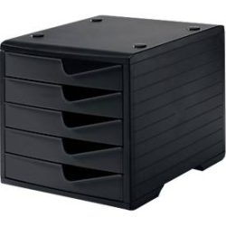 Schubladenbox styro® styroswing, 5 Schübe, Auszugsperre & Griffmulde, stapelbar, B 270 x T 340 x H 255 mm, Polystyrol, schwarz-schwarz