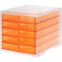 Schubladenbox styro® styroswing light, 5 Schübe, Auszugsperre & Griffmulde, stapelbar, B 270 x T 340 x H 255 mm, Polystyrol, transparent-apricot