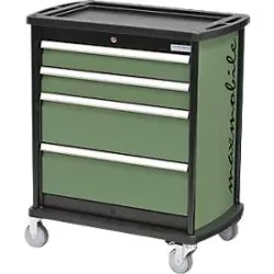 Schubladenschrank Bedrunka+Hirth maxmobile 1, mobil, 4 Schübe, 1 Seitenblende, abschliessbar, bis 300 kg, resedagrün RAL 6011, Stahlblech