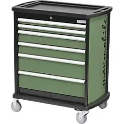 Schubladenschrank Bedrunka+Hirth maxmobile 1, mobil, 6 Schübe, 1 Seitenblende, abschliessbar, bis 300 kg, resedagrün RAL 6011, Stahlblech