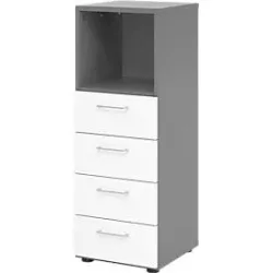 Schubladenschrank Breno, 4 Schübe, 1 Fach, Metallgriffe, B 400 x T 420 x H 1100 mm, graphit/weiss