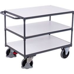 Schwerer ESD-Tischwagen, Stahl/Spanplatte, Graphitgrau/Lichtgrau, 3 Etagen, L 850 x B 500 mm, TPE-Rollen mit EasySTOP, bis 400 kg