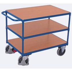 Schwerer Tischwagen, Stahl/MDF-Platte, Enzianblau/Buche-Dekor, 3 Etagen, L 1200 x B 800 mm, TPE-Rollen mit EasySTOP, bis 500 kg
