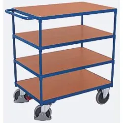 Schwerer Tischwagen, Stahl/MDF-Platte, Enzianblau/Buche-Dekor, 4 Etagen, L 1000 x B 700 mm, TPE-Rollen mit EasySTOP, bis 500 kg