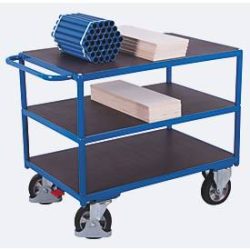 Schwerlast-Tischwagen, Stahl/Siebdruckplatte, Enzianblau/Dunkelbraun, 3 Etagen, L 1595 x B 800 mm, Vollgummi-Rollen mit EasySTOP, bis 1000 kg