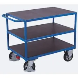 Schwerlast-Tischwagen, Stahl/Siebdruckplatte, Enzianblau/Dunkelbraun, 3 Etagen, L 995 x B 700 mm, Vollgummi-Rollen mit EasySTOP, bis 1000 kg