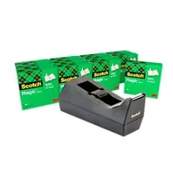 Scotch? Schreibtisch-Klebebandabroller C38 , Schwarz + Scotch® Magic? Unsichtbares Klebeband, 19 mm x 33 m, inkl. 12 Rollen