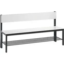 Sitzbank Basic Plus, 1-seitig, Rückenlehne, mit Schuhrost, 4-Fussgestell schwarzgrau RAL 7021, B 1500 mm, Dekor weiss
