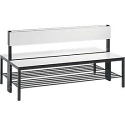 Sitzbank Basic Plus, 2-seitig, mit Rückenlehne & Schuhrost, 4-Fussgestell schwarzgrau RAL 7021, B 1500 mm, Dekor weiss