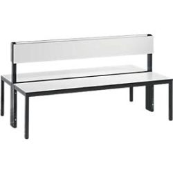 Sitzbank Basic Plus, 2-seitig, Rückenlehne, ohne Schuhrost, 4-Fussgestell schwarzgrau RAL 7021, B 1500 mm, Dekor weiss