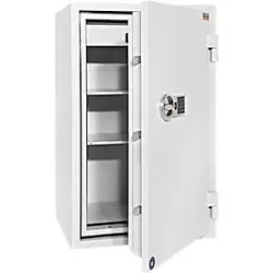 Tresor FRS 93, Feuerwiderstand LFS 60P nach EN 15659, Sicherheitsstufe S 2, Elektronikschloss, 2 Fachböden & 1 ausziehbare Schublade, B 565 x T 450 x H 972 mm, lichtgrau RAL 7035