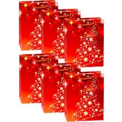 TSI Geschenktüten Set Serie 10, 6-teilig, 6 x Motiv ?Sterne und Schneeflocken?, B 180 x T 100 x H 230 mm, PP-Folie, gold-rot