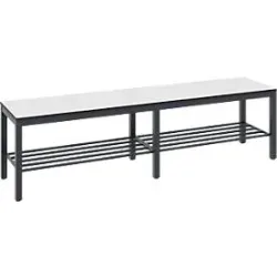 Umkleidebank Basic Plus, für Feuchträume, ohne Rückenlehne, 6-Fussgestell schwarzgrau RAL 7021, mit Schuhrost, B 1500 mm, Dekor weiss