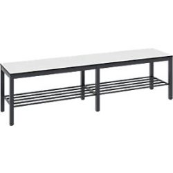 Umkleidebank Basic Plus, für Feuchträume, ohne Rückenlehne, 6-Fussgestell schwarzgrau RAL 7021, mit Schuhrost, B 1500 mm, Dekor weiss
